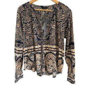 Lucky Brand Navy & Beige‎ Paisley Print Peasant Boho Blouse Size M Cozy Romantic